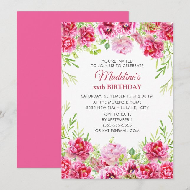 Girl's Women's Pink Floral Birthday Party  Invitation (Front/Back)