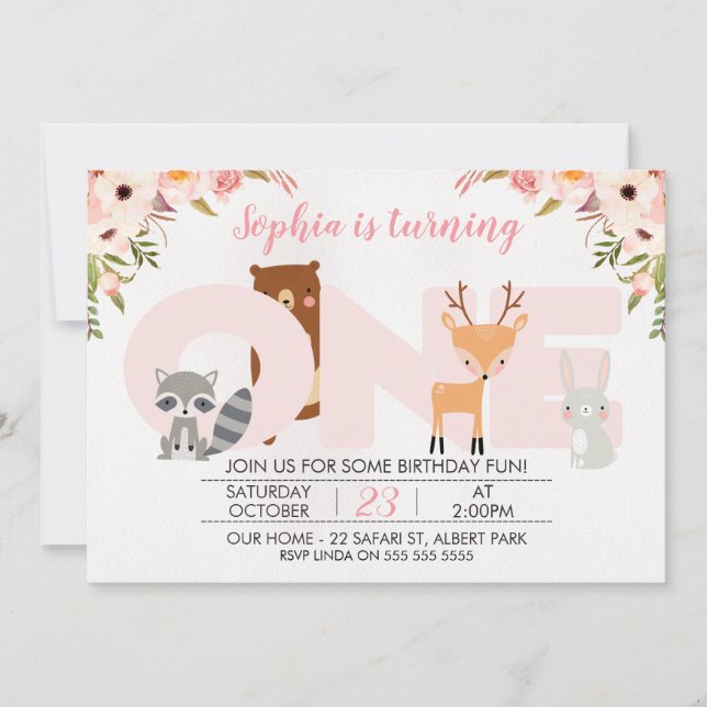 Girls Woodland Animals 1st Birthday Invitation (Front)