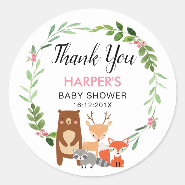 Girls Woodland Animals Baby Shower Sticker (Front)