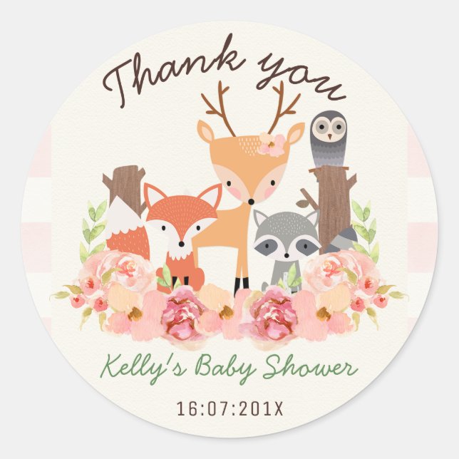 Girls Woodland Animals Baby Shower Sticker (Front)
