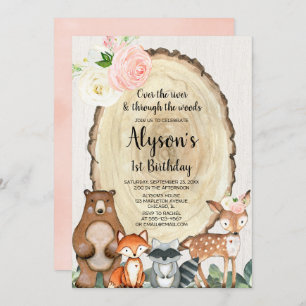 Girls woodland animals first 1st birthday party invitation
