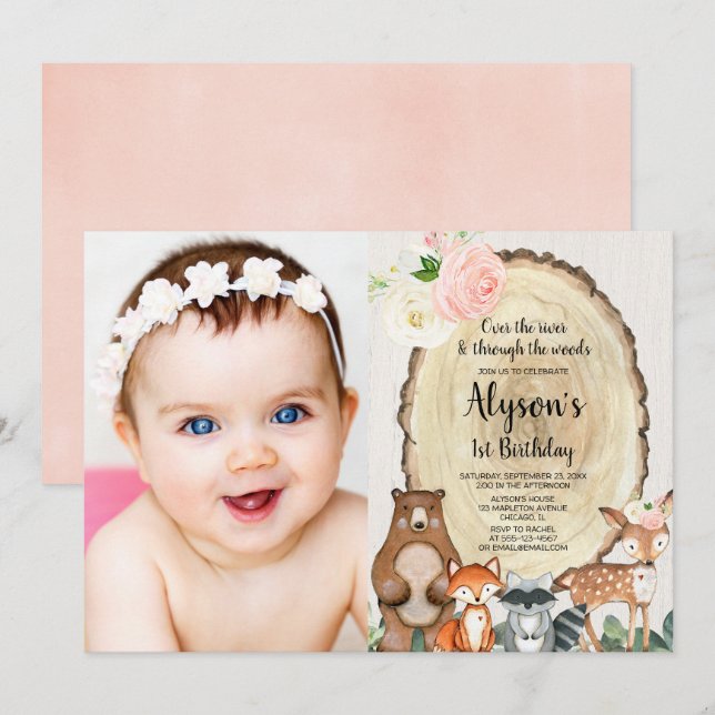 Girls woodland animals first 1st birthday photo invitation (Front/Back)
