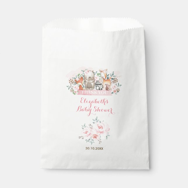 Girls Woodland Animals Pink Floral Birthday Party Favour Bags (Front)