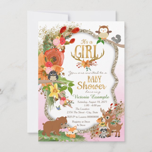 Girls Woodland Antler Baby Shower Invitation (Front)