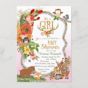 Girls Woodland Antler Baby Shower Invitation
