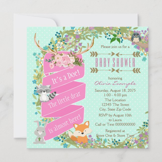 Girls Woodland Baby Shower Invitation (Front)