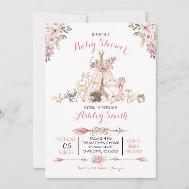 Girls Woodland Baby Shower Invitations (Front)