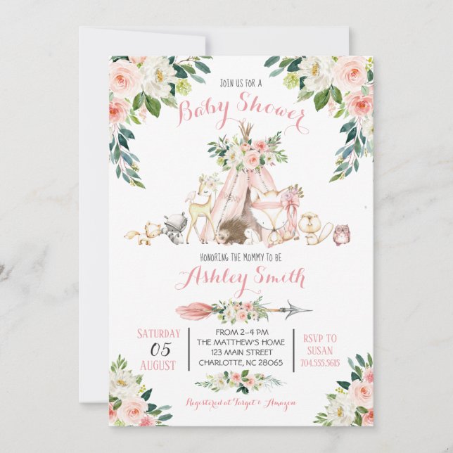 Girls Woodland Baby Shower Invitations (Front)