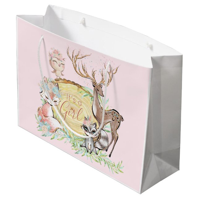 Girls Woodland Baby Shower Large Gift Bag (Back Angled)