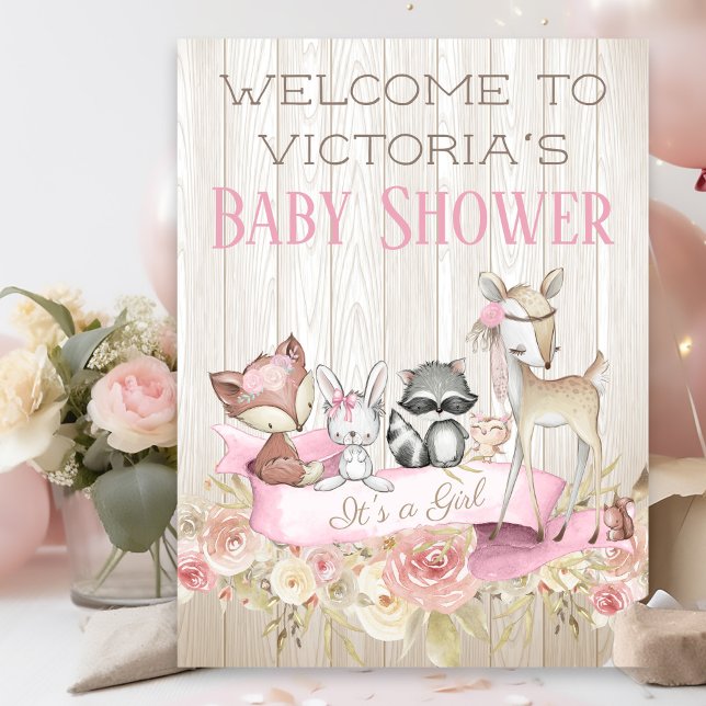 Girls Woodland Baby Shower Welcome Sign (Sweet woodland baby shower welcome sign. Simply add your event details.)