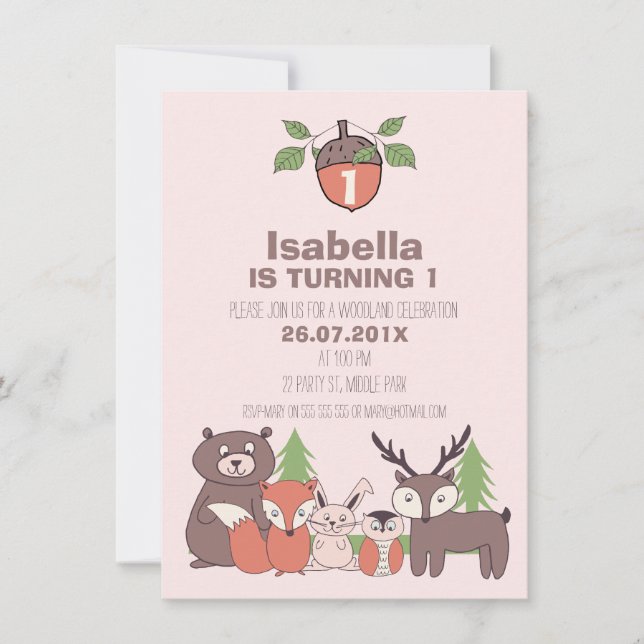 Girls Woodland Birthday Party Invitation (Front)
