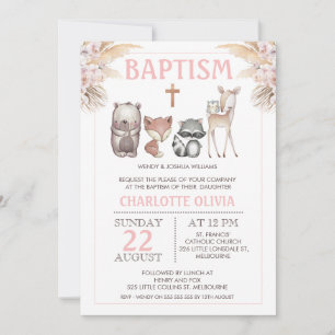 Girls Woodland Boho Floral Baptism Invitation
