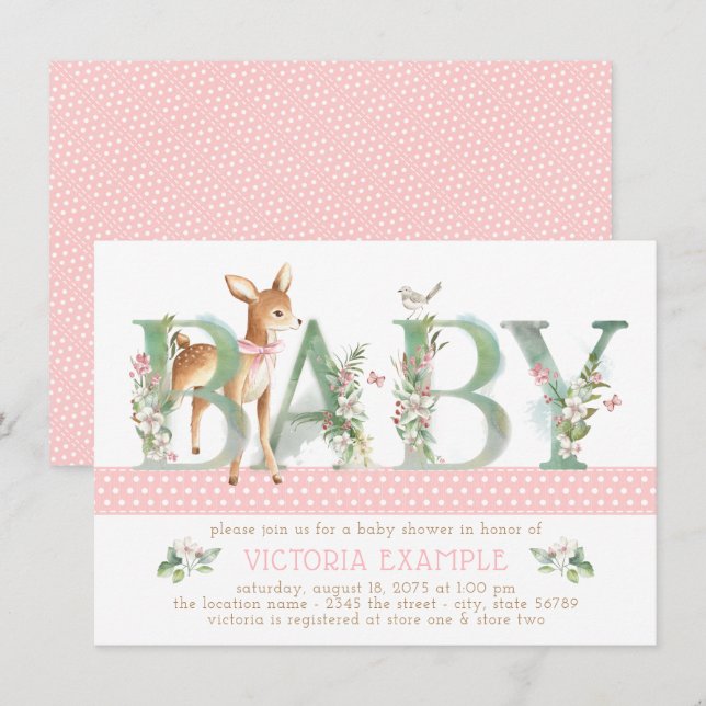 Girls Woodland Deer Baby Shower Invitations (Front/Back)