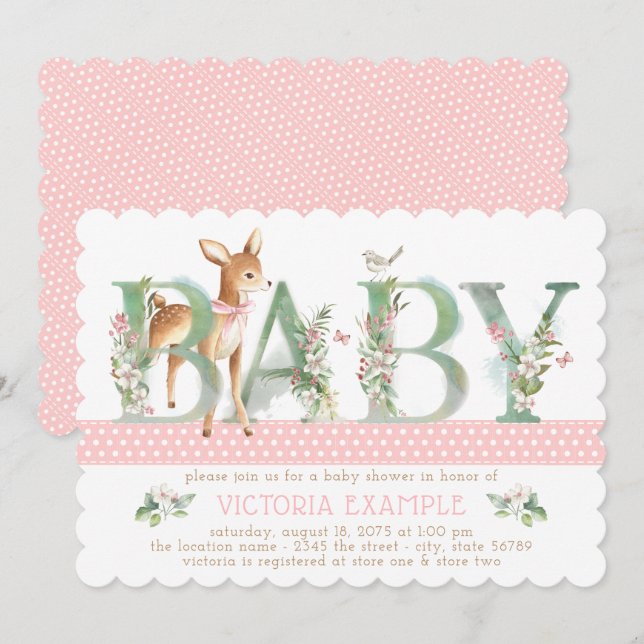 Girls Woodland Deer Baby Shower Invitations (Front/Back)