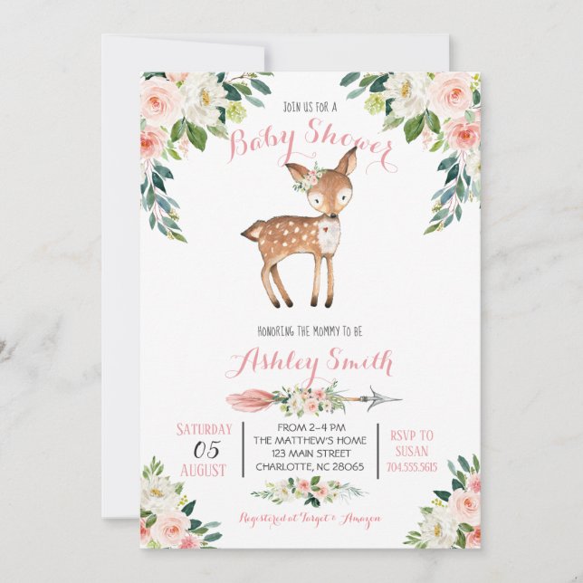 Girls Woodland deer Baby Shower Invitations (Front)