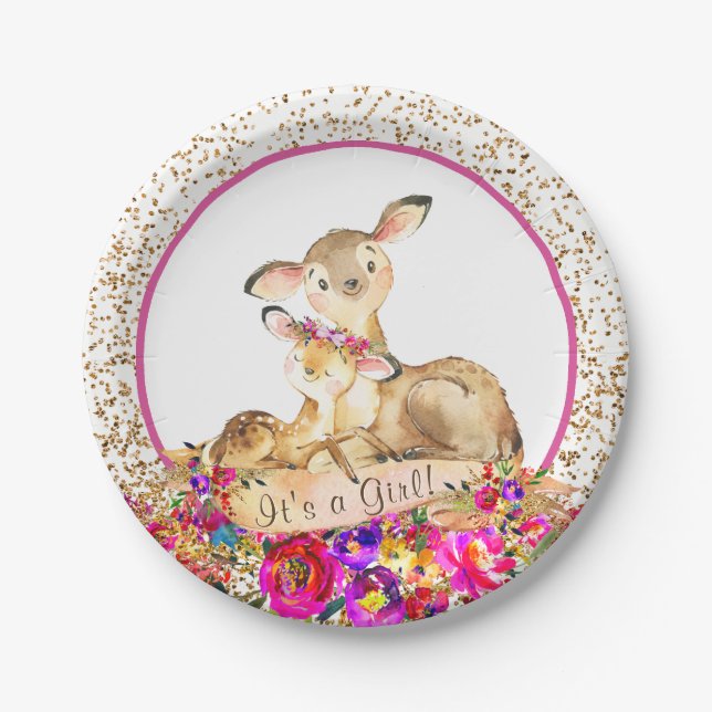 Girls Woodland Deer Baby Shower Paper Plates (Front)