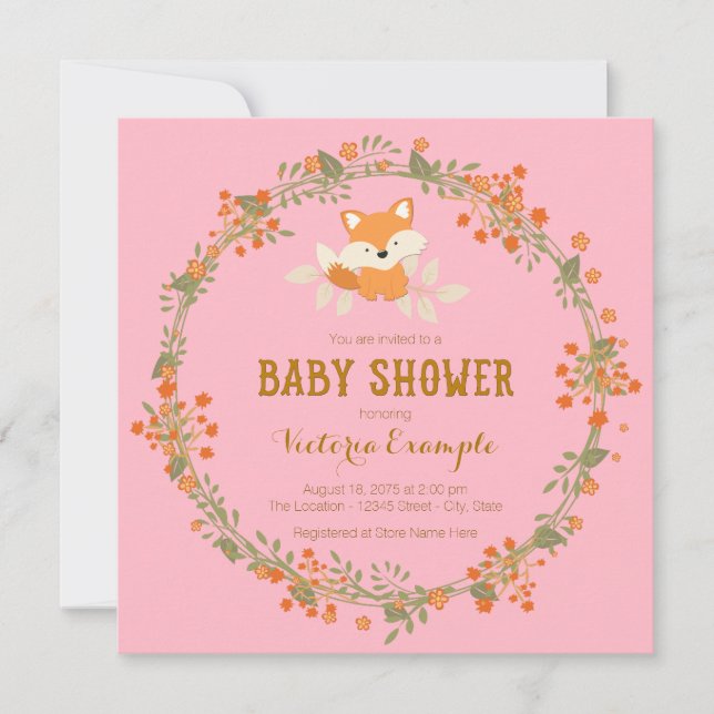 Girls Woodland Fox Baby Shower Invitation (Front)