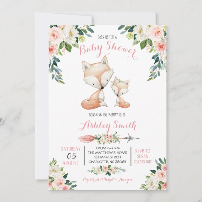 Girls Woodland fox Baby Shower Invitations (Front)