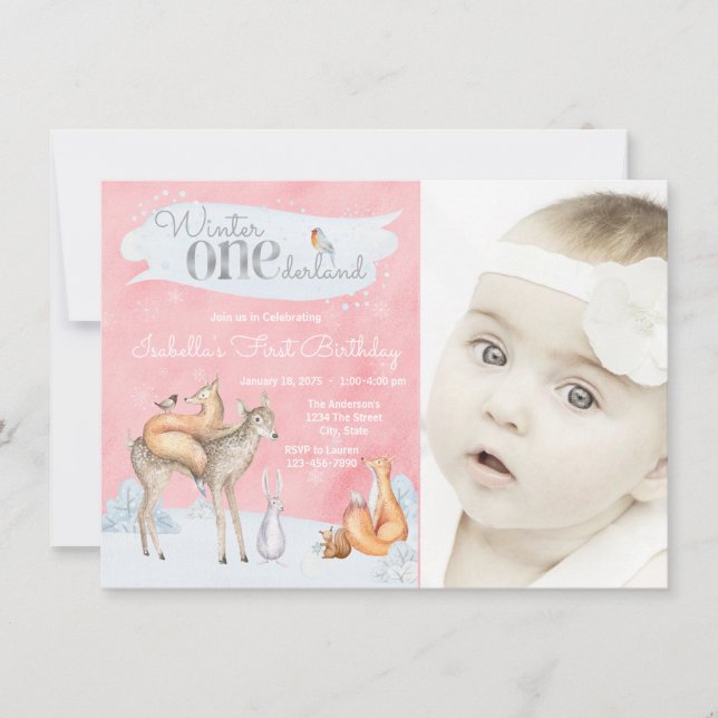 Girls Woodland Winter ONEderland Photo Birthday Invitation (Front)