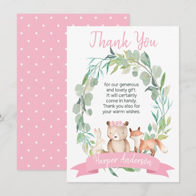 Girls Woodland Wreath baby Shower Thank You Card (Front/Back)