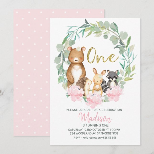Girls Woodland Wreath First Birthday Invitation (Front/Back)