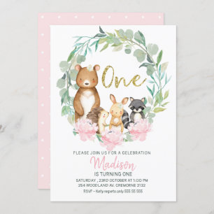 Girls Woodland Wreath First Birthday Invitation