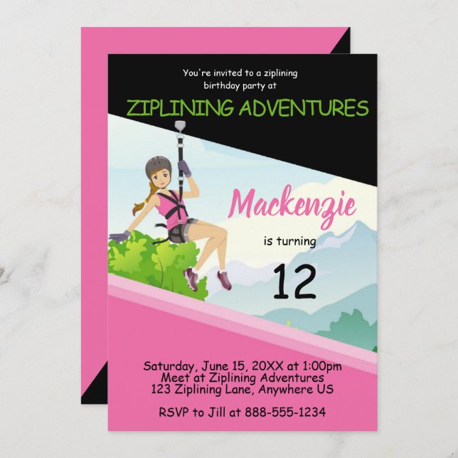 Girls Ziplining Birthday Invitation (Front/Back)