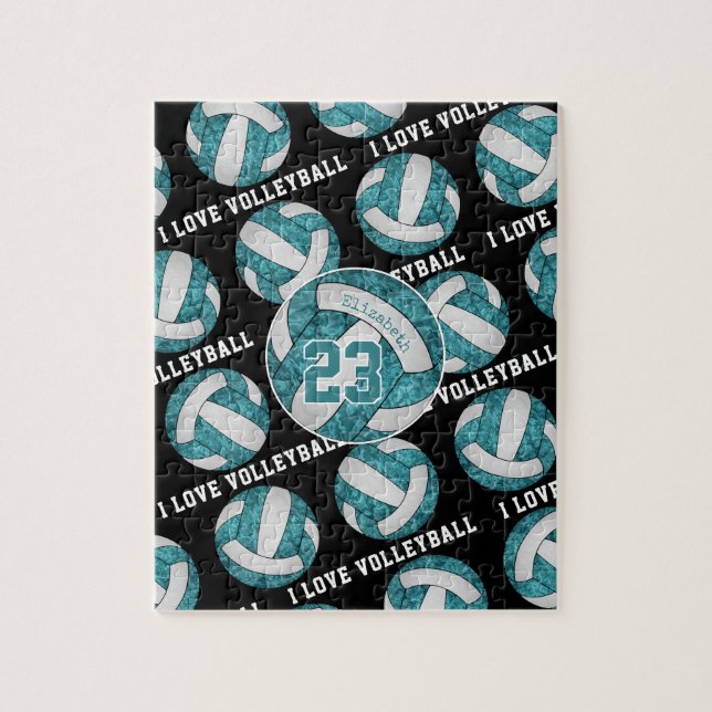 girlsy teal white black I love volleyball Jigsaw Puzzle (Vertical)