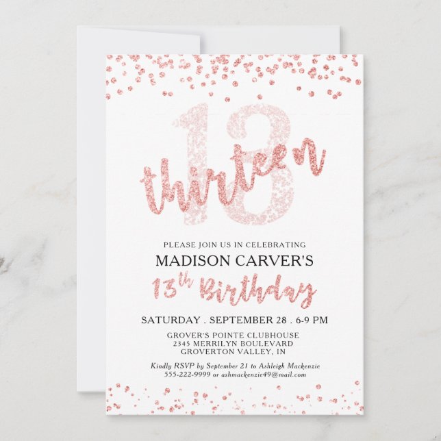 Girly 13th Birthday Rose Gold Glitter Confetti Invitation (Front)