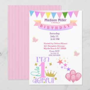 Girly 1and Wonderful Birthday Party Invitation