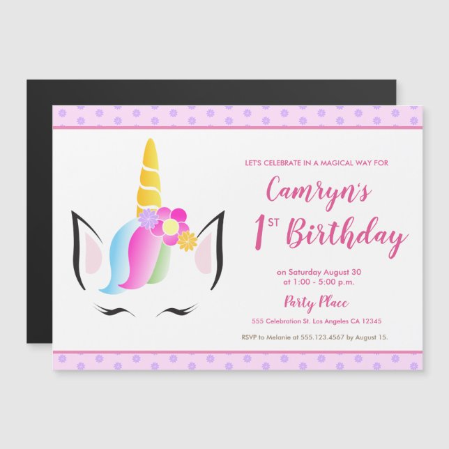 Girly 1st cute unicorn birthday party kids magnetic invitation (Front/Back)