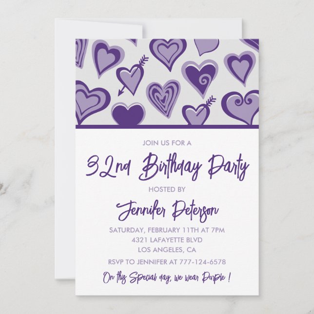 Girly 32nd birthday invitations Purple Hearts  (Front)