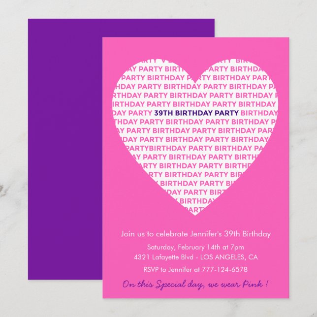 Girly 39th birthday invitation Girl Heart Pink (Front/Back)