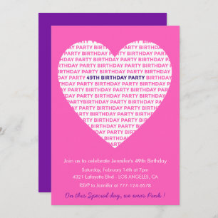 Girly 49th birthday invitation Girl Heart Pink