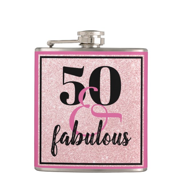 Girly 50 & Fabulous Birthday Pink Glitter Hip Flask (Front)