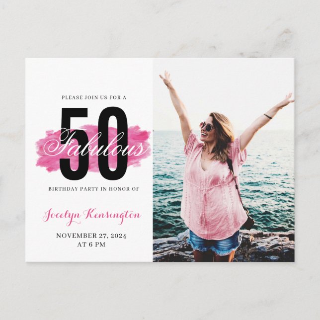Girly 50th Birthday Hot Pink Watercolor Photo Postcard (Front)