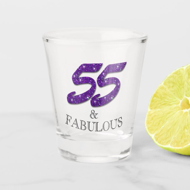 Girly 55th Birthday Celebration Purple Glitter Shot Glass (Front)