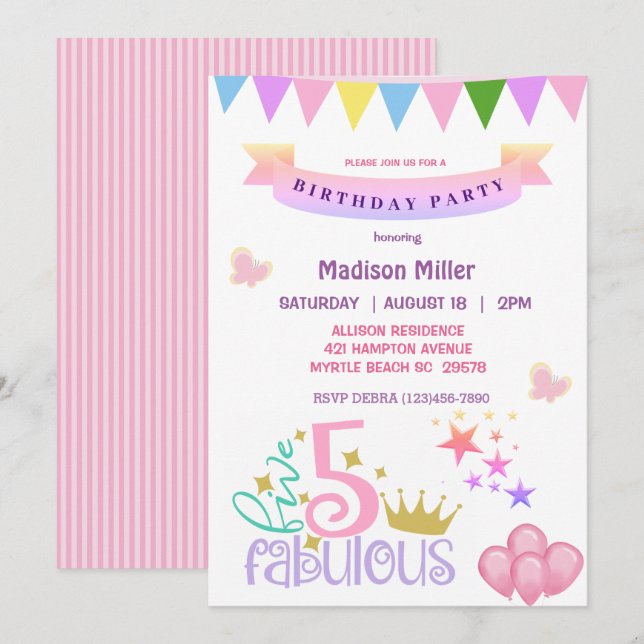 Girly 5 and Fabulous Birthday Party Invitation (Front/Back)