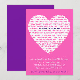 Girly 98th birthday invitation Girl Heart Pink