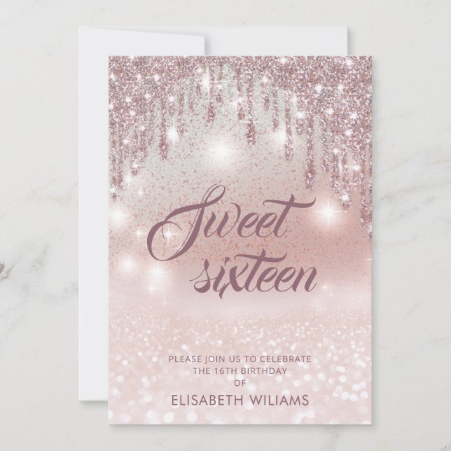 Girly adorable rose gold glittery drips ombre invi invitation (Front)
