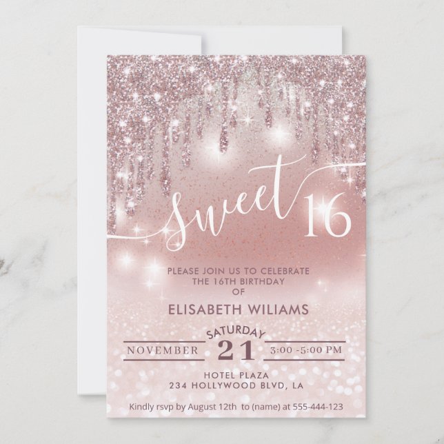 Girly adorable rose gold glittery drips ombre invitation (Front)