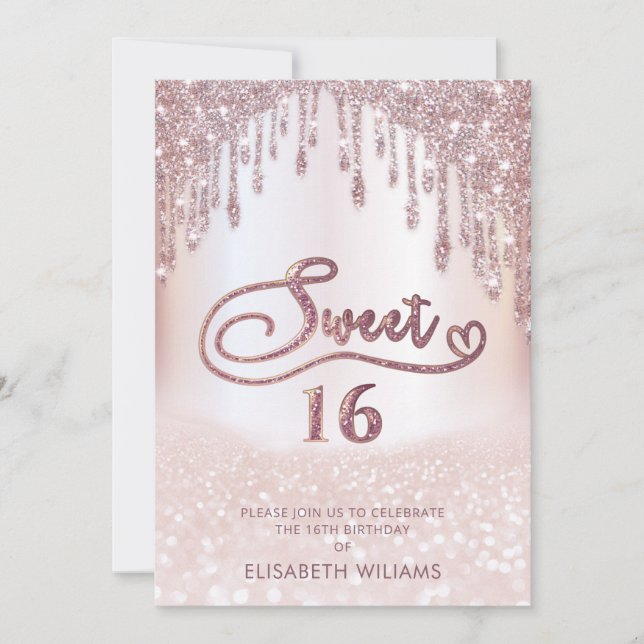 Girly adorable rose gold glittery drips ombre invitation (Front)