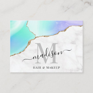Girly Agate Gold Glitter Marble Monogram Makeup Business Card