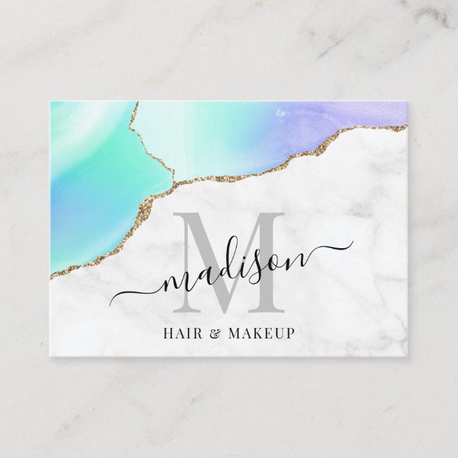 Girly Agate Gold Glitter Marble Monogram Makeup Business Card (Front)