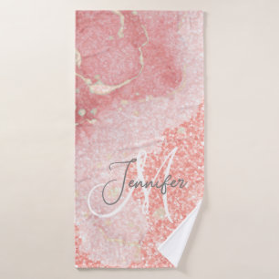 Girly Agate Pink Glitter Blush Monogram  Bath Towel
