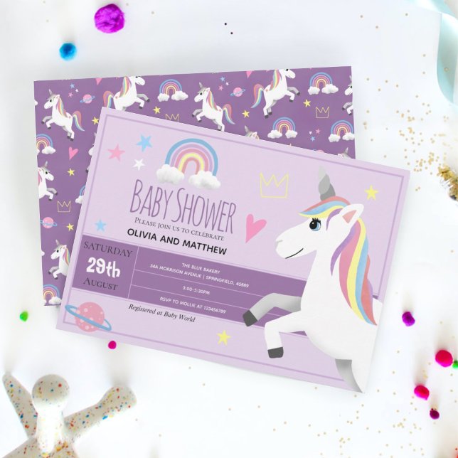 Girly and Cute Purple Unicorn Couples Baby Shower Invitation (Creator Uploaded)