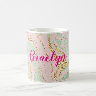 Girly and Feminine Pink Mint and Gold Marbling Coffee Mug