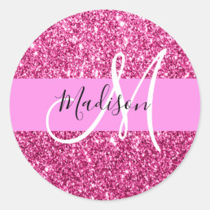 Girly and Glam Hot Pink Glitter Sparkles Monogram Classic Round Sticker