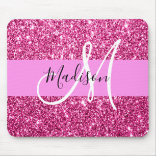 Girly and Glam Hot Pink Glitter Sparkles Monogram Mouse Mat