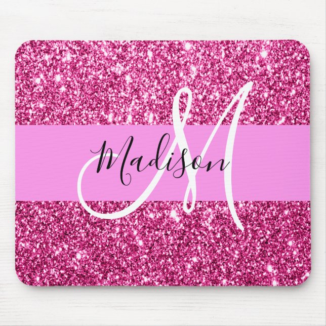Girly and Glam Hot Pink Glitter Sparkles Monogram Mouse Mat (Front)